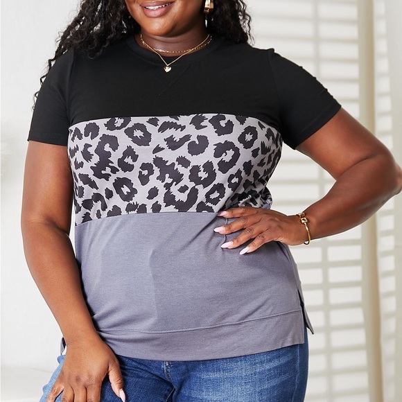 NEW Double Take Leopard Print Color Blocked Short Sleeve T-Shirt Top - Picture 6 of 9
